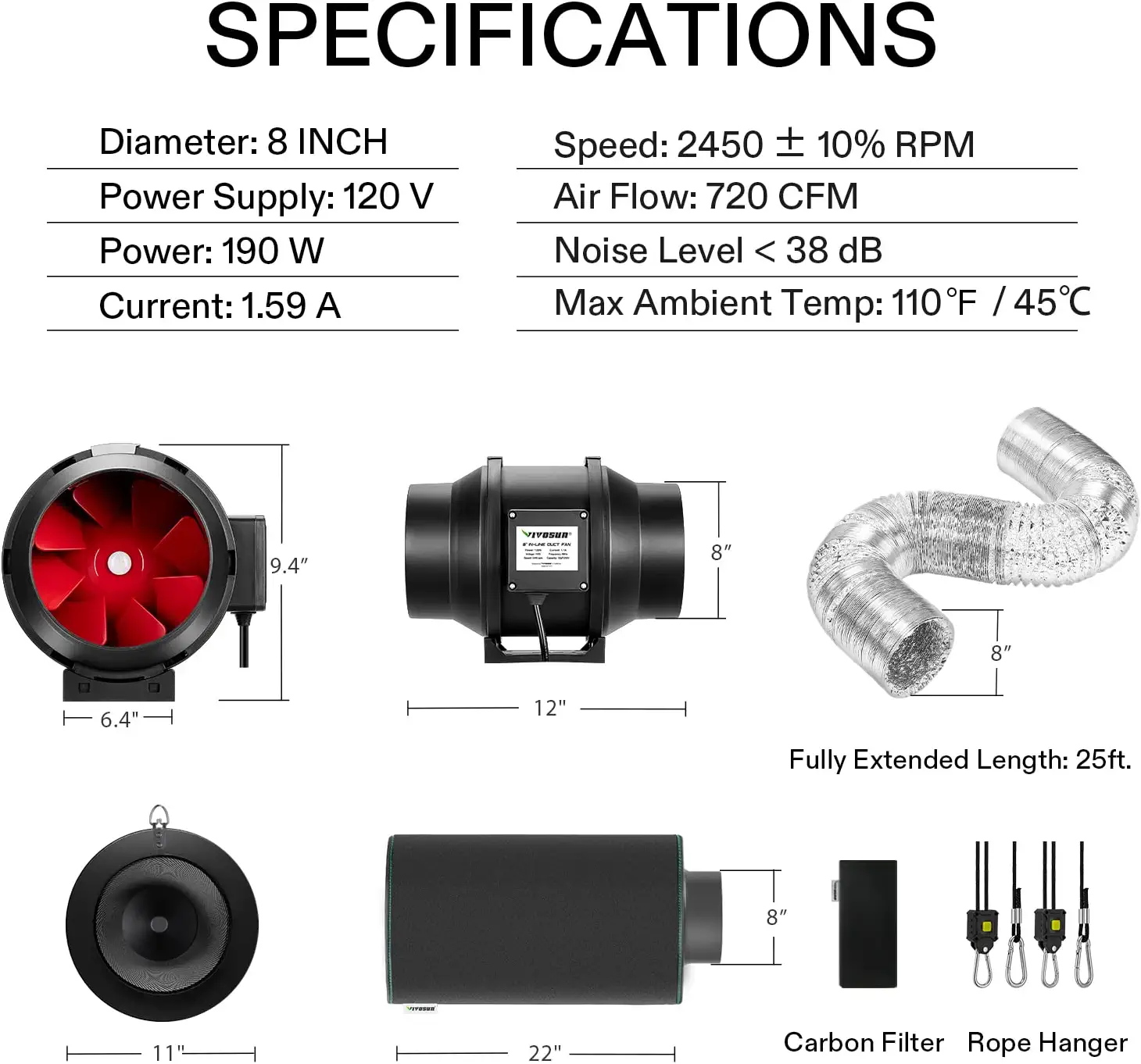 8-Inch 720 CFM Inline Duct Fan Kit With Black Carbon Filter And Ducting 9 8-Inch 720 CFM Inline Duct Fan Kit With Black Carbon Filter And Ducting - Image 7