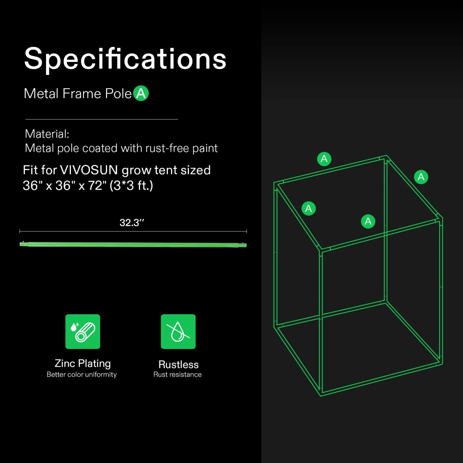 16mm Grow Tent Pole-C For 3*3 Tent 1-Piece, Only For VIVOSUN Grow Tents 4 16mm Grow Tent Pole-C For 3*3 Tent 1-Piece, Only For VIVOSUN Grow Tents - Image 2