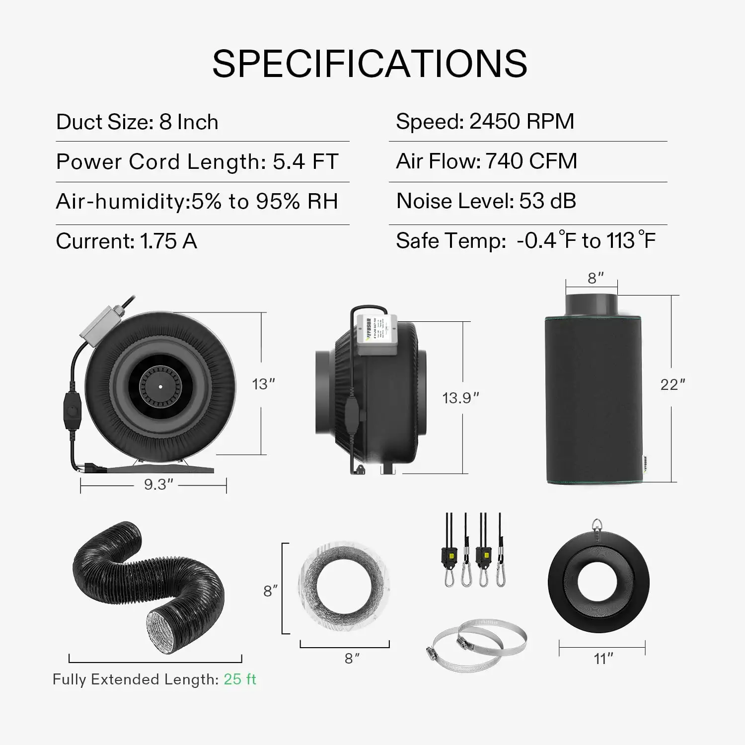 8-Inch 740 CFM Inline Duct Fan Kit With Black Carbon Filter And Black Ducting 9 8-Inch 740 CFM Inline Duct Fan Kit With Black Carbon Filter And Black Ducting - Image 7