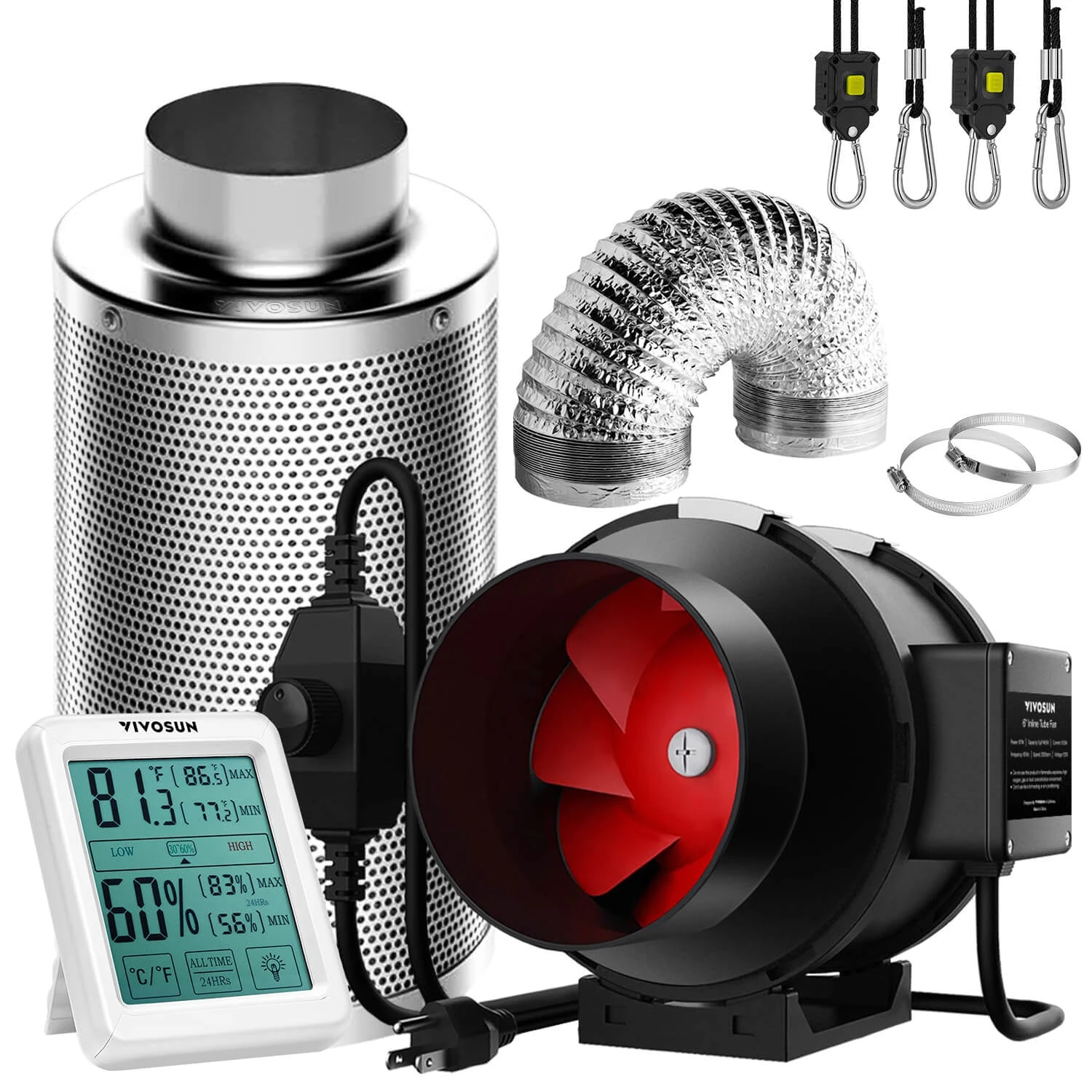 8-Inch 720 CFM Inline Duct Fan Kit With Carbon Filter, Thermometer, And Ducting 3 8-Inch 720 CFM Inline Duct Fan Kit With Carbon Filter, Thermometer, And Ducting