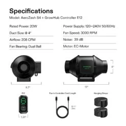 AeroZesh S4 4-inch 208 CFM Inline Duct Fan With E12 Speed Controller -Grow Tech Shop 927d9bc658b0f3fe999a1ddfdd356c0f
