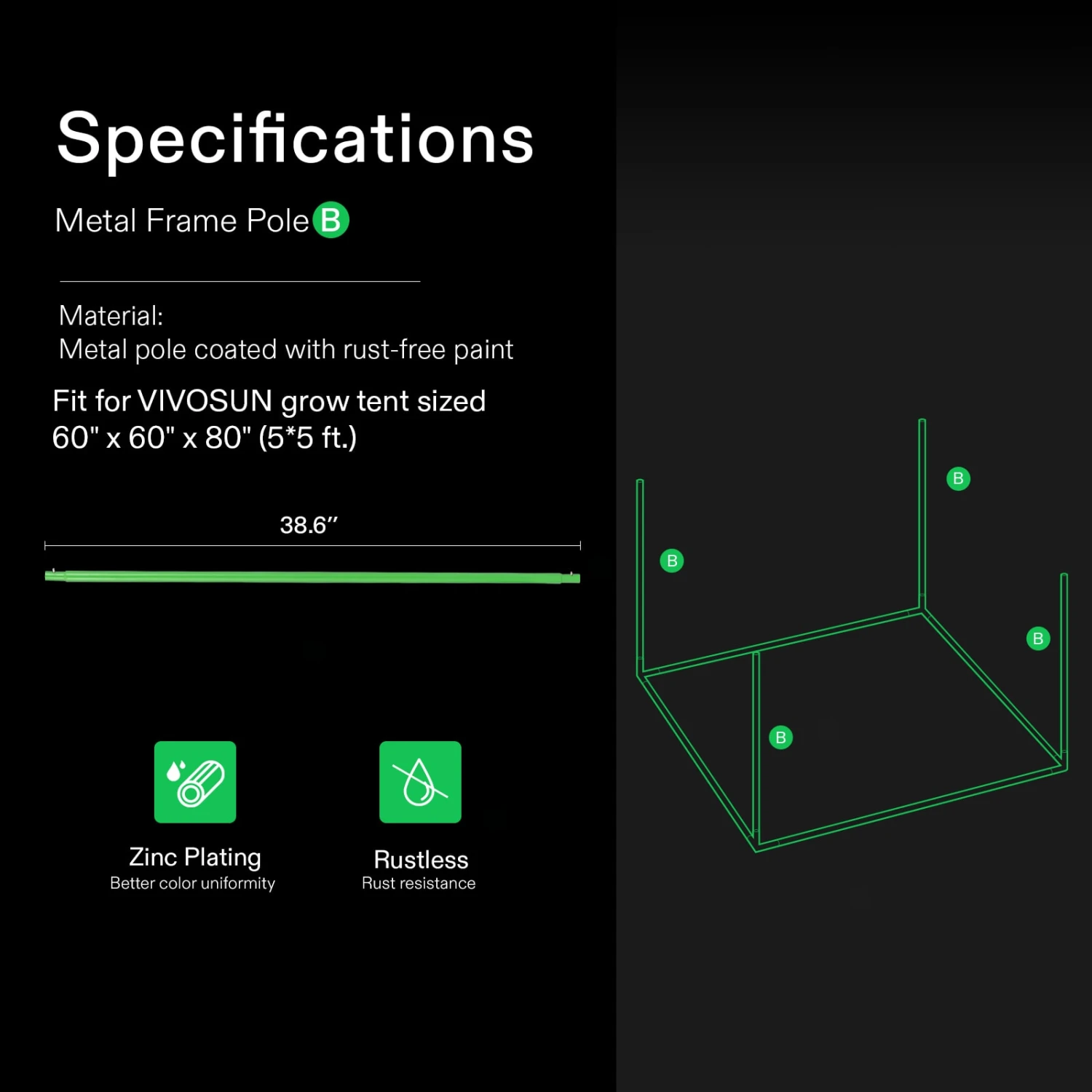 Grow Tent Pole-C For 5x5 Tent 1-Piece, Only For VIVOSUN Grow Tents 4 Grow Tent Pole-C For 5x5 Tent 1-Piece, Only For VIVOSUN Grow Tents - Image 2