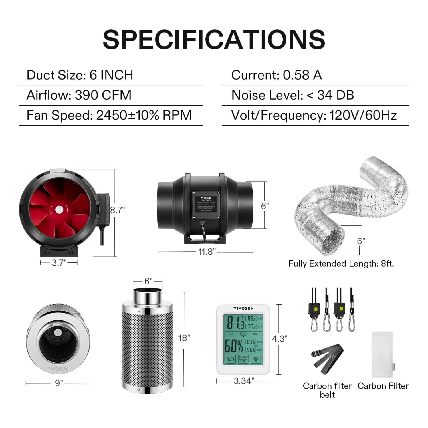6-Inch 390 CFM Inline Duct Fan Kit With Carbon Filter, Thermometer, And Ducting 9 6-Inch 390 CFM Inline Duct Fan Kit With Carbon Filter, Thermometer, And Ducting - Image 7