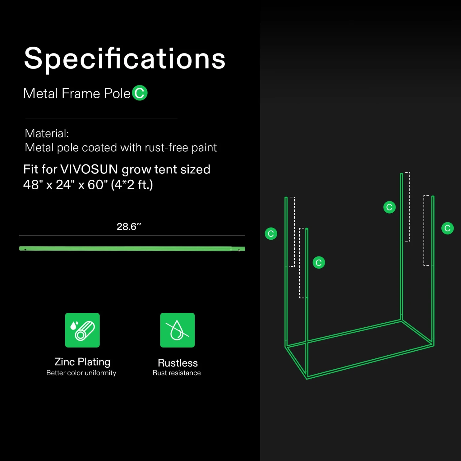 16mm Grow Tent Pole For 4*2 Grow Tent, Only For VIVOSUN Grow Tents 4 16mm Grow Tent Pole For 4*2 Grow Tent, Only For VIVOSUN Grow Tents - Image 2